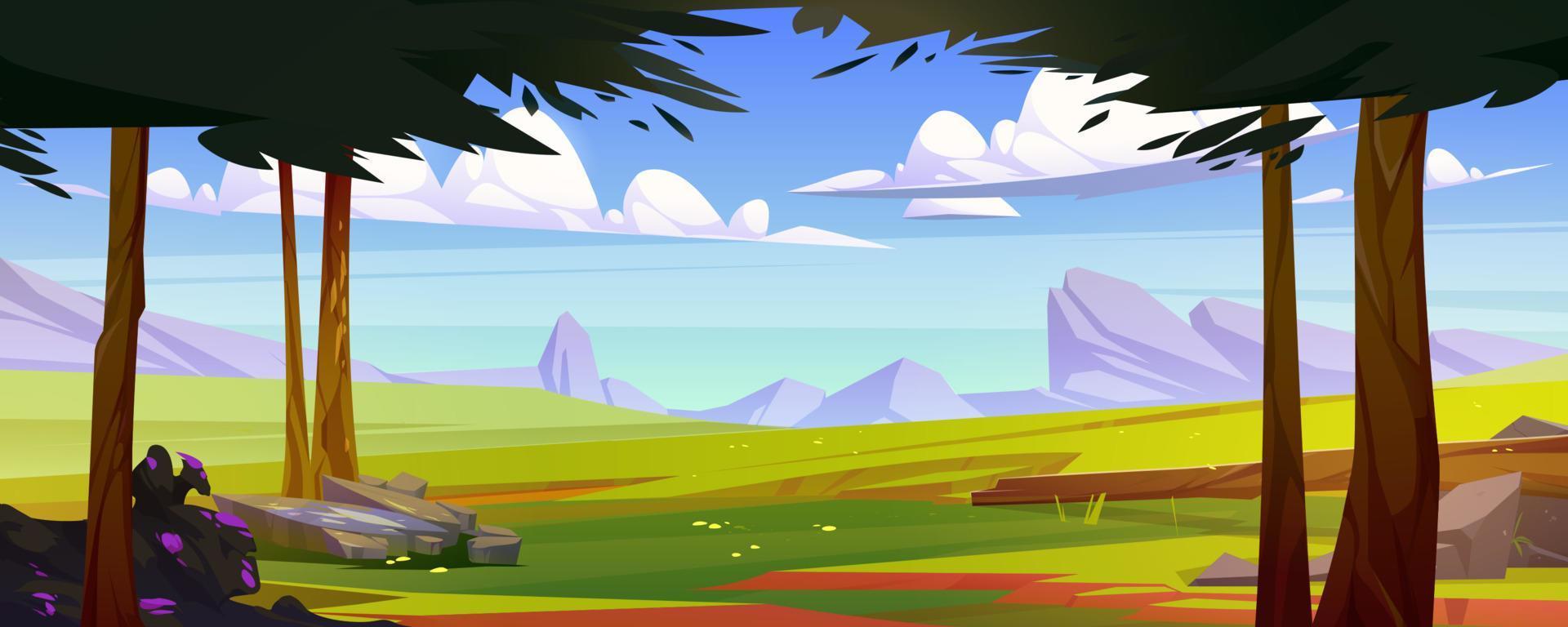 Summer scene with meadow, trees and mountains vector
