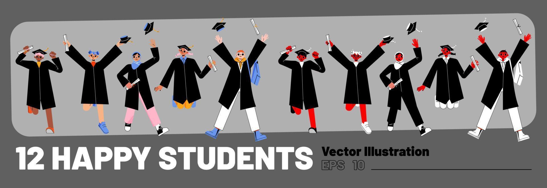 estudiantes felices, graduados universitarios saltan vector