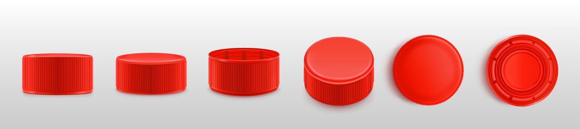 Red bottle cap, realistic plastic lids turn around vector