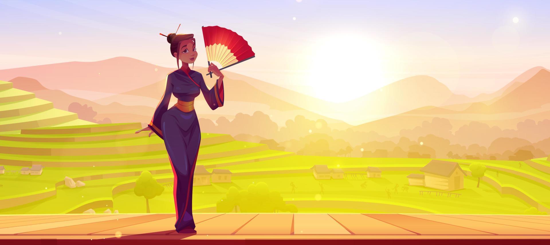 geisha en kimono y paisaje de terrazas de arrozales vector