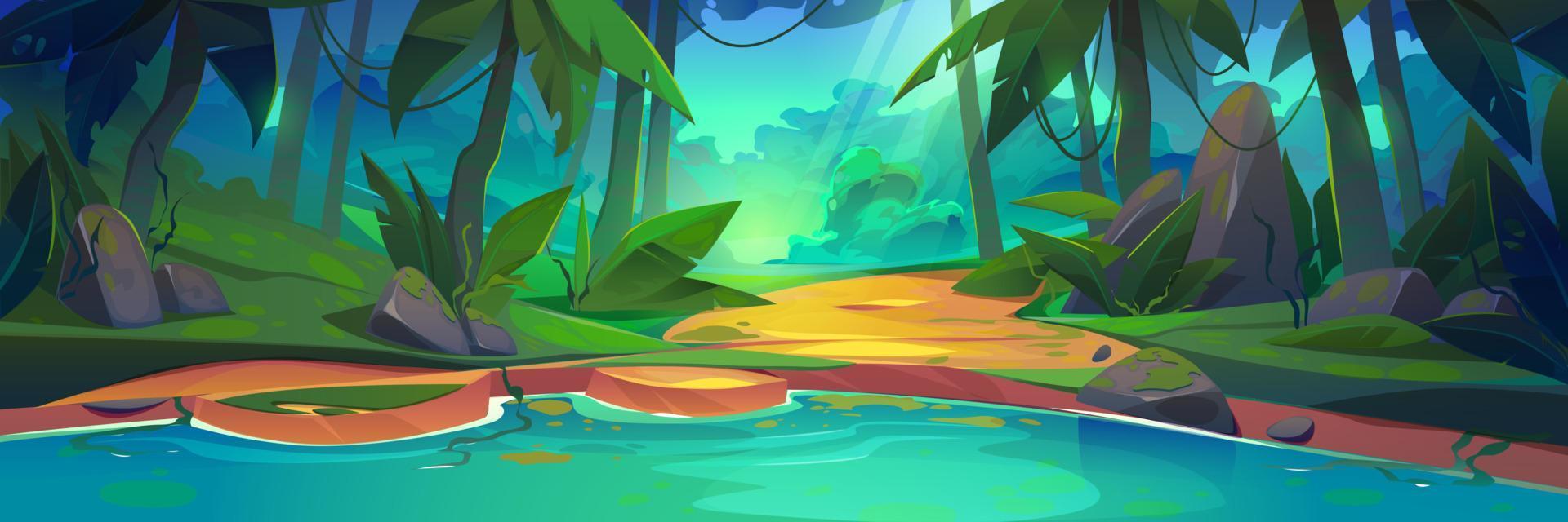 Tropical jungle forest swamp or lake landscape vector