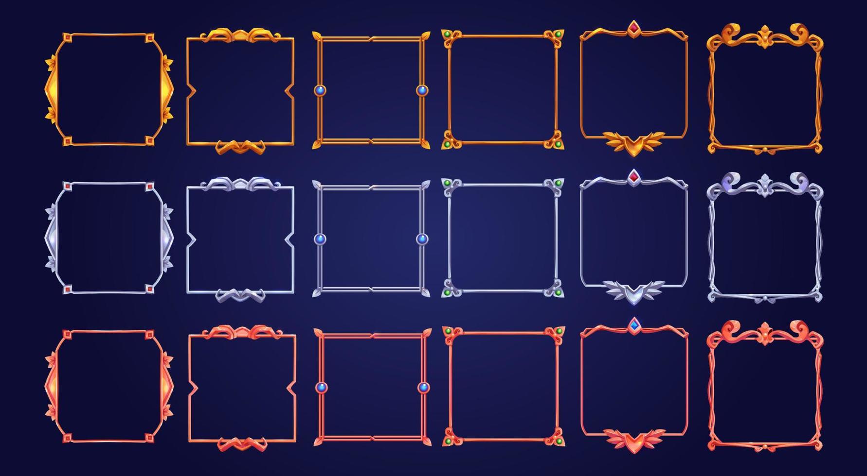 Set of square ui game frames, medieval borders vector