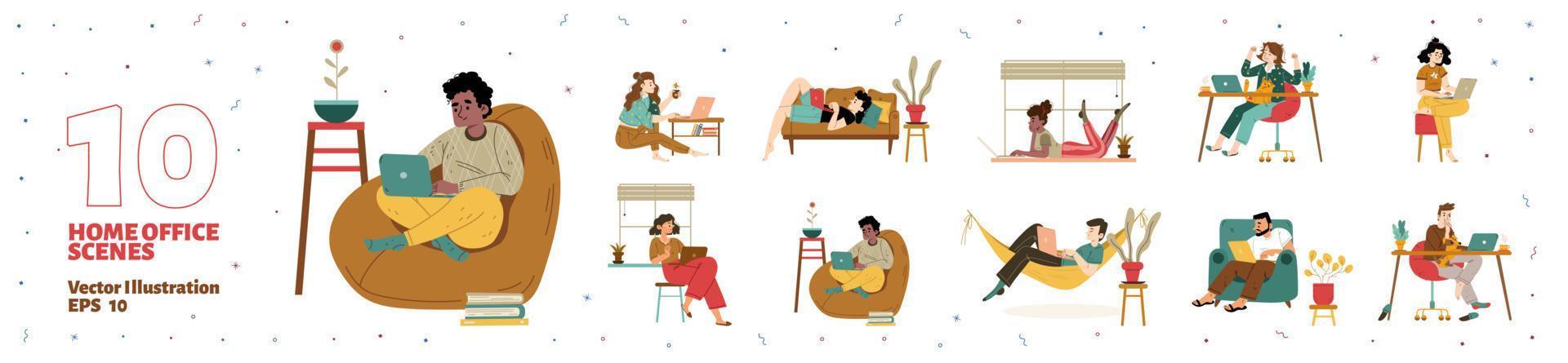 Set freelancers work at home office illustration vector