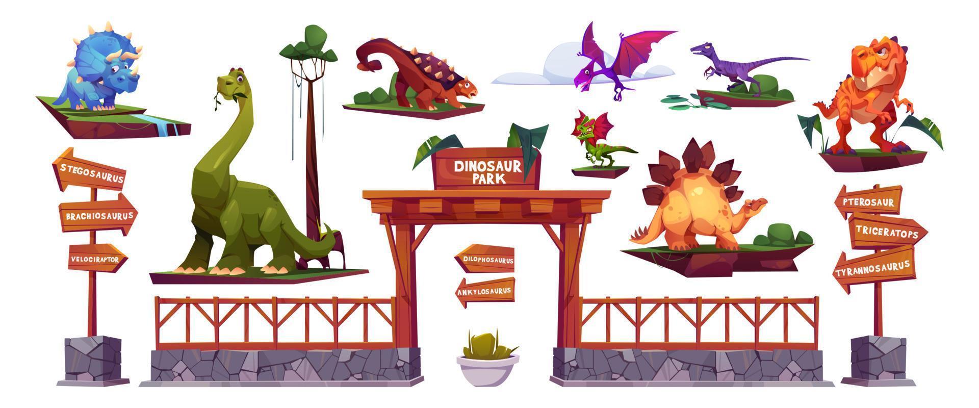 Dinosaur park cartoon characters, arrows and gates vector