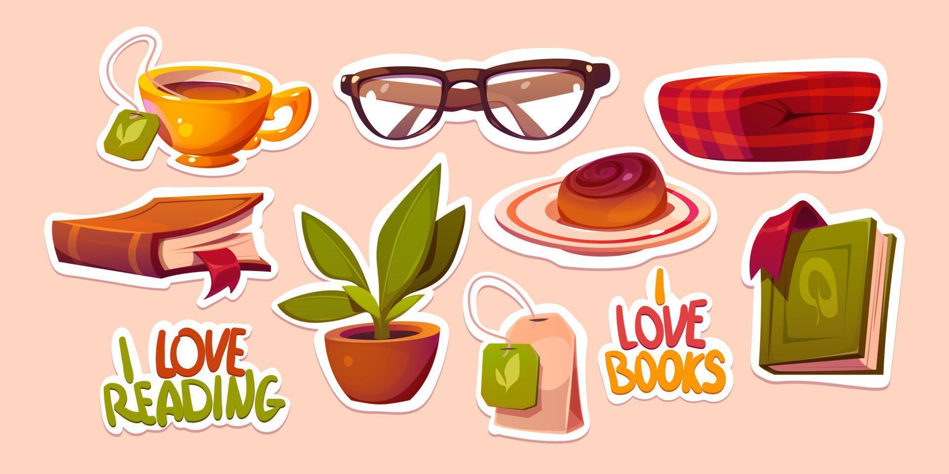 Love reading stickers pack, vector illustration