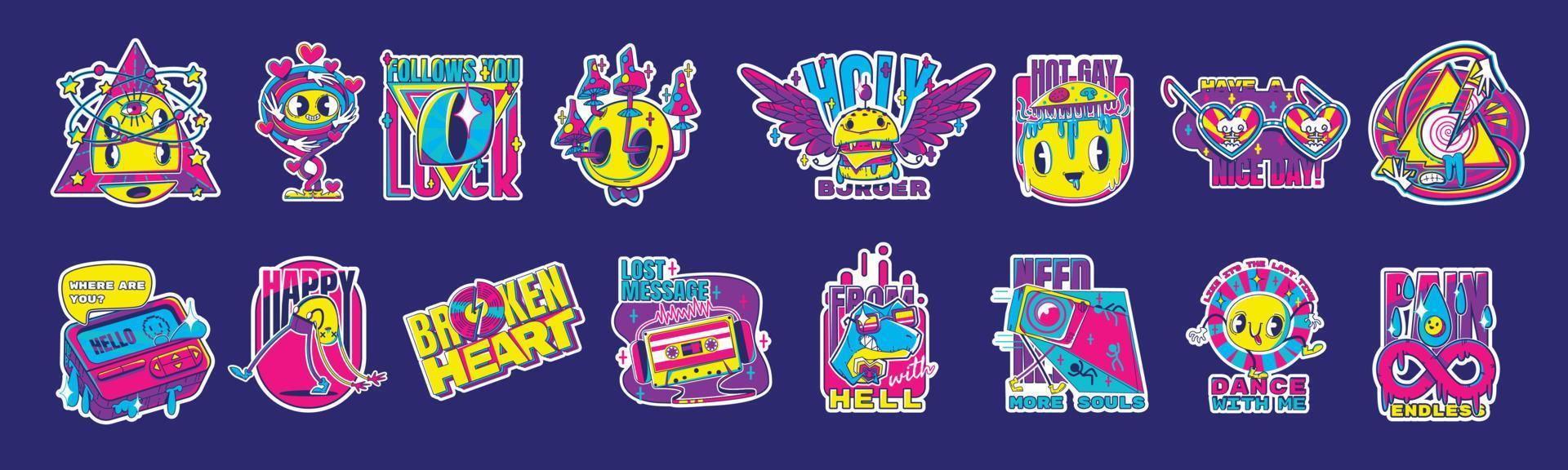 Retro colorful stickers, rave psychedelic icons vector