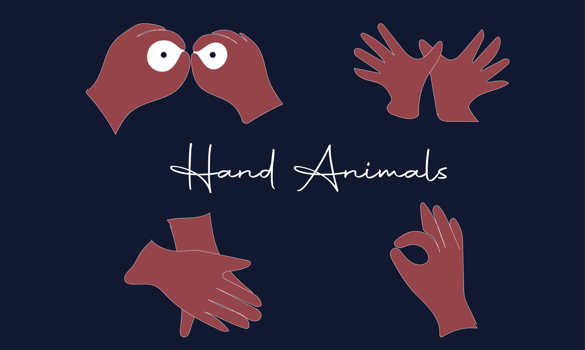 Hand animals, hand shadow puppet animals. shadow play, shadow puppetry