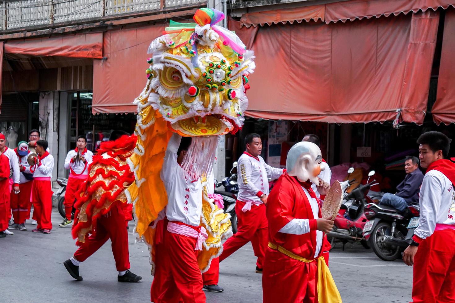 12 December 2018  Chinese lion dancer performance theater group dancing in Chinese respect the gods celebration of Lampang city before the Chinese New Year on February. photo
