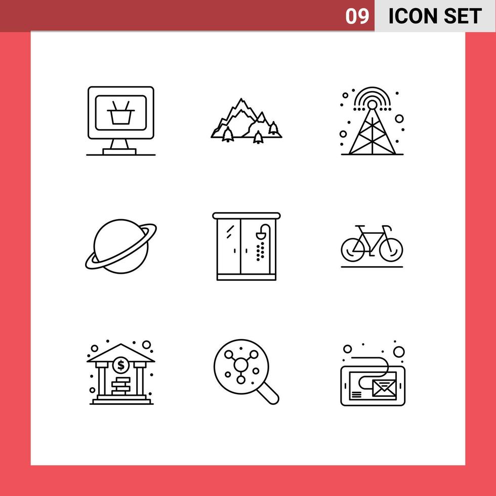 Set of 9 Vector Outlines on Grid for home flag broadcasting moon planet Editable Vector Design Elements