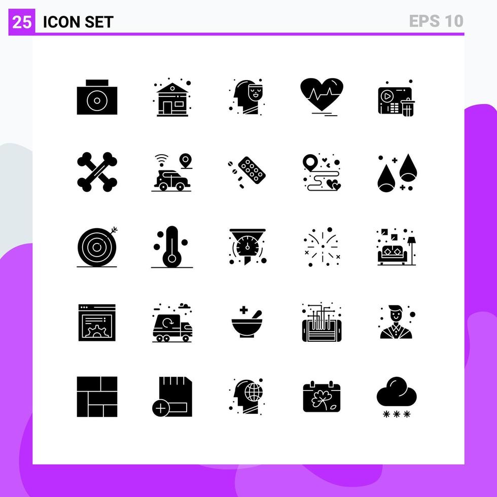 Set of 25 Modern UI Icons Symbols Signs for player fail face delete pulse Editable Vector Design Elements