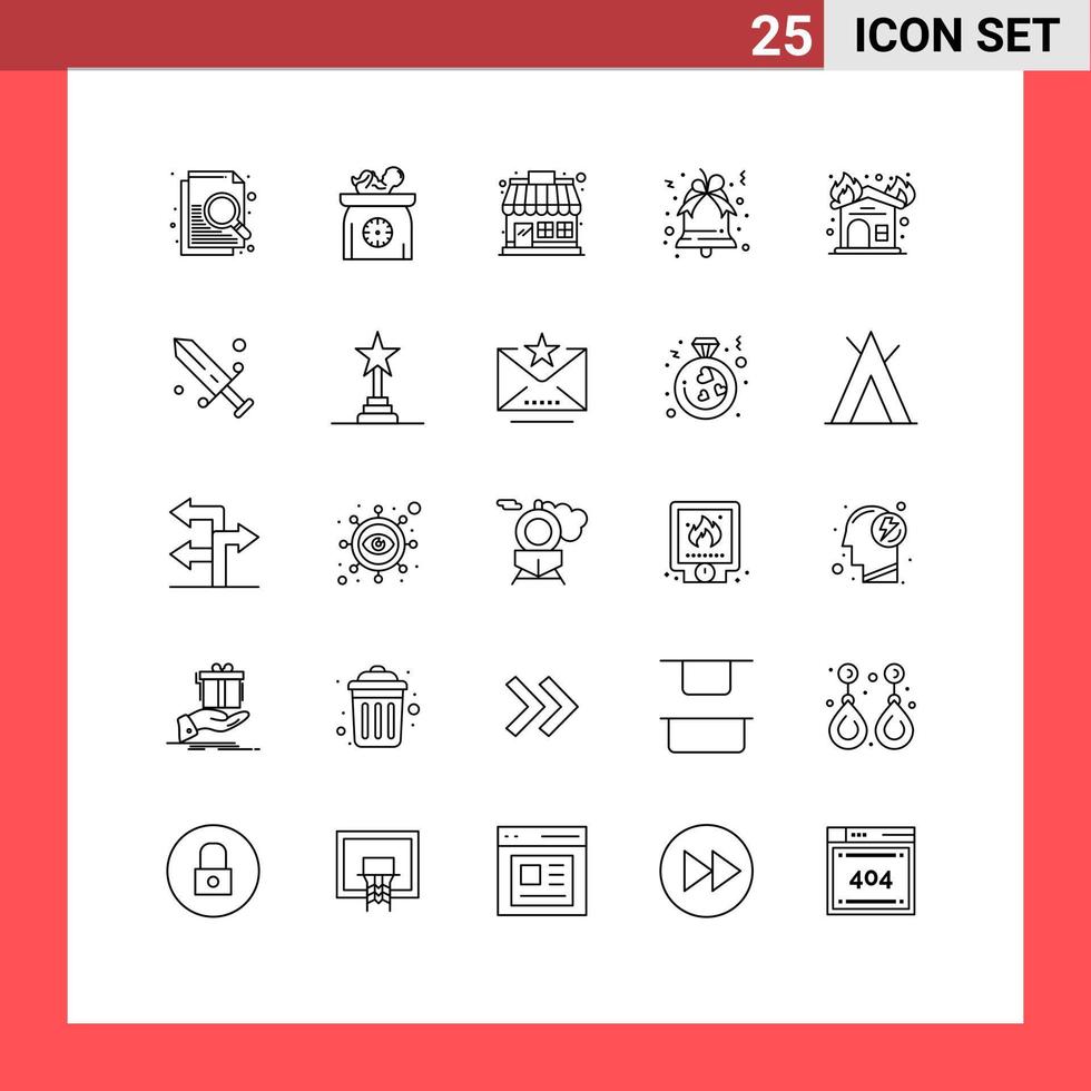 paquete de línea de 25 símbolos universales de elementos de diseño de vector editables de campana de navidad de mercado de fuego interior