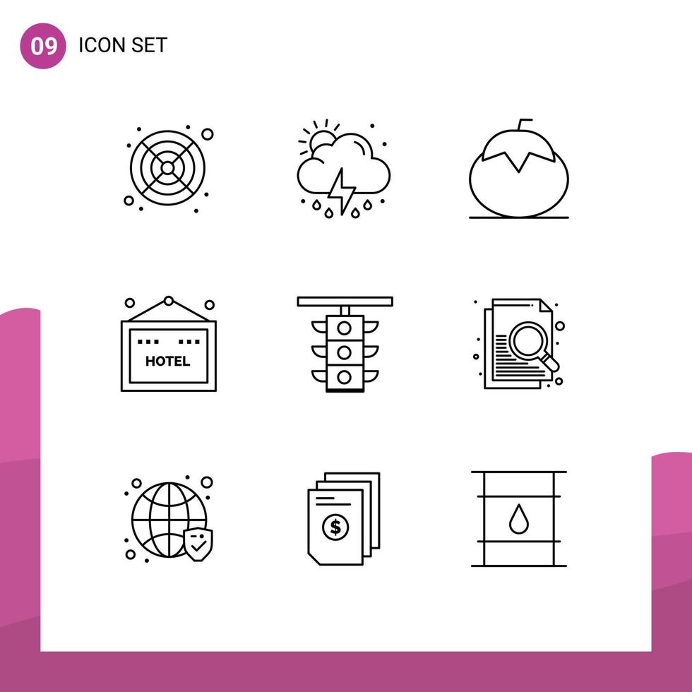 Set of 9 Vector Outlines on Grid for station light fruit travel hotel Editable Vector Design Elements