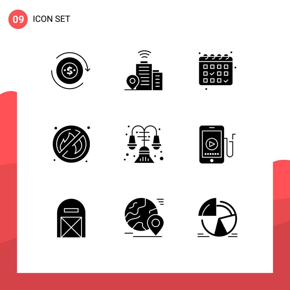 Set of 9 Commercial Solid Glyphs pack for music interior calender house place Editable Vector Design Elements