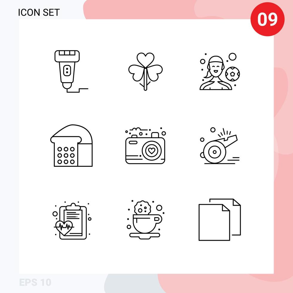 9 Universal Outlines Set for Web and Mobile Applications camera food flower bread outdoor game Editable Vector Design Elements