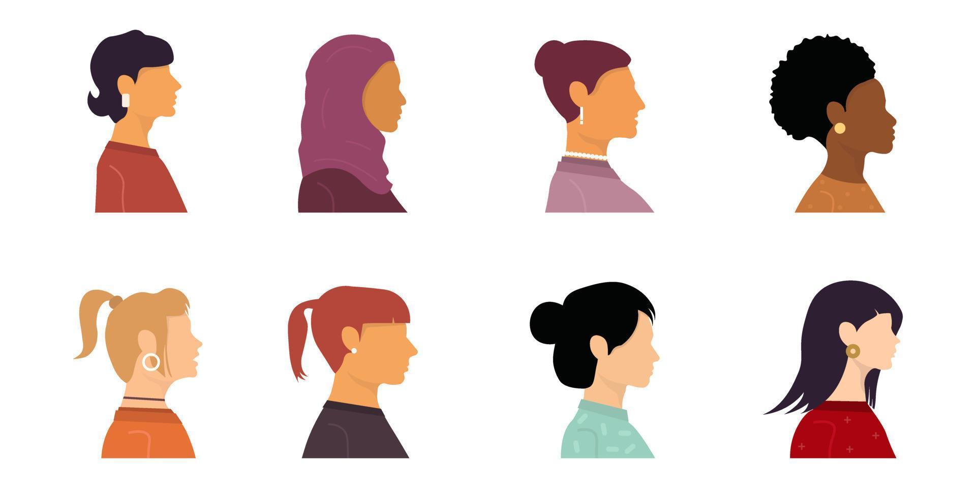 Collection of colorful flat avatars with different women's heads. Various nationalities. Side view. Blonde, brunette, redhead, European, African American, Asian, Muslim. Vector illustration.