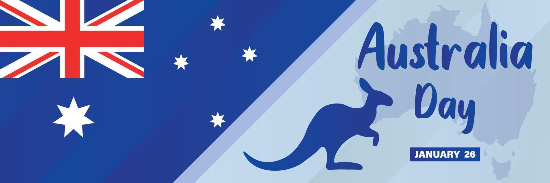 January 26, Happy Australia Day. Australian National Flag, map and kangaroo. Background, poster, card, banner vector illustration