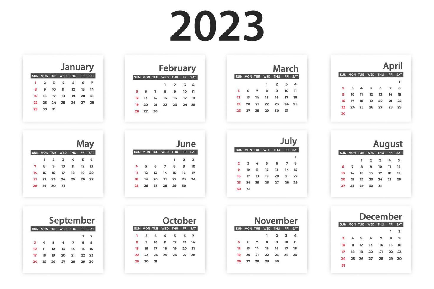 Classic monthly calendar for 2023. The week starts on Sunday. Vector design isolated on white background