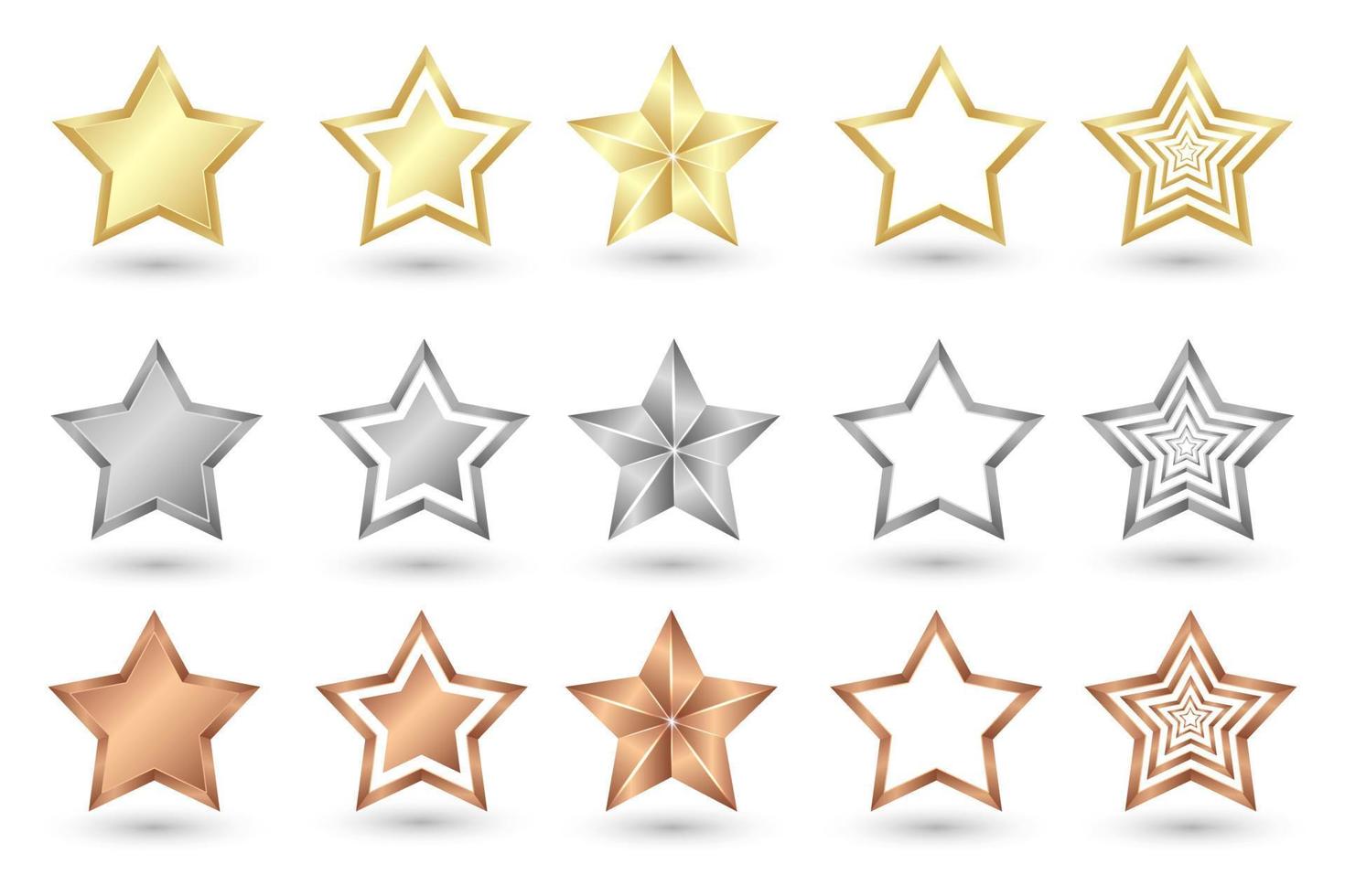 estrella de oro, plata y bronce. estrellas realistas. icono de estrella conjunto ilustración vectorial vector