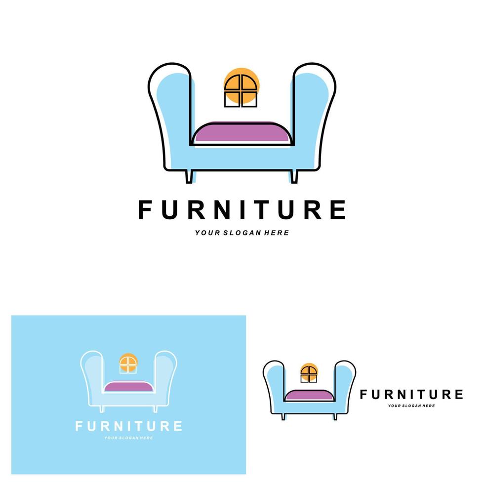 furniture logo, home furnishing design, room icon illustration, table, chair, lamp, frame, clock, flower pot vector