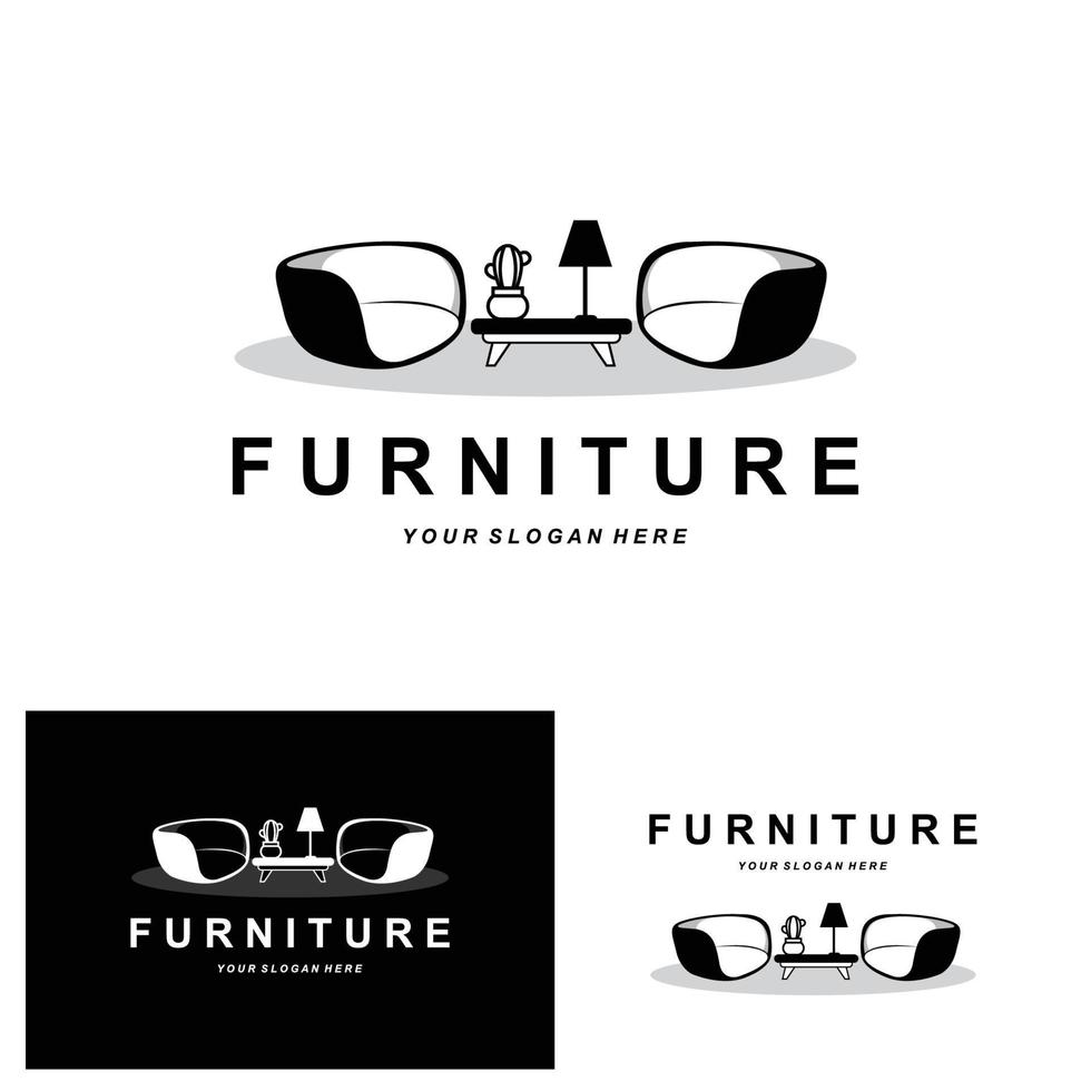 furniture logo, home furnishing design, room icon illustration, table, chair, lamp, frame, clock, flower pot vector