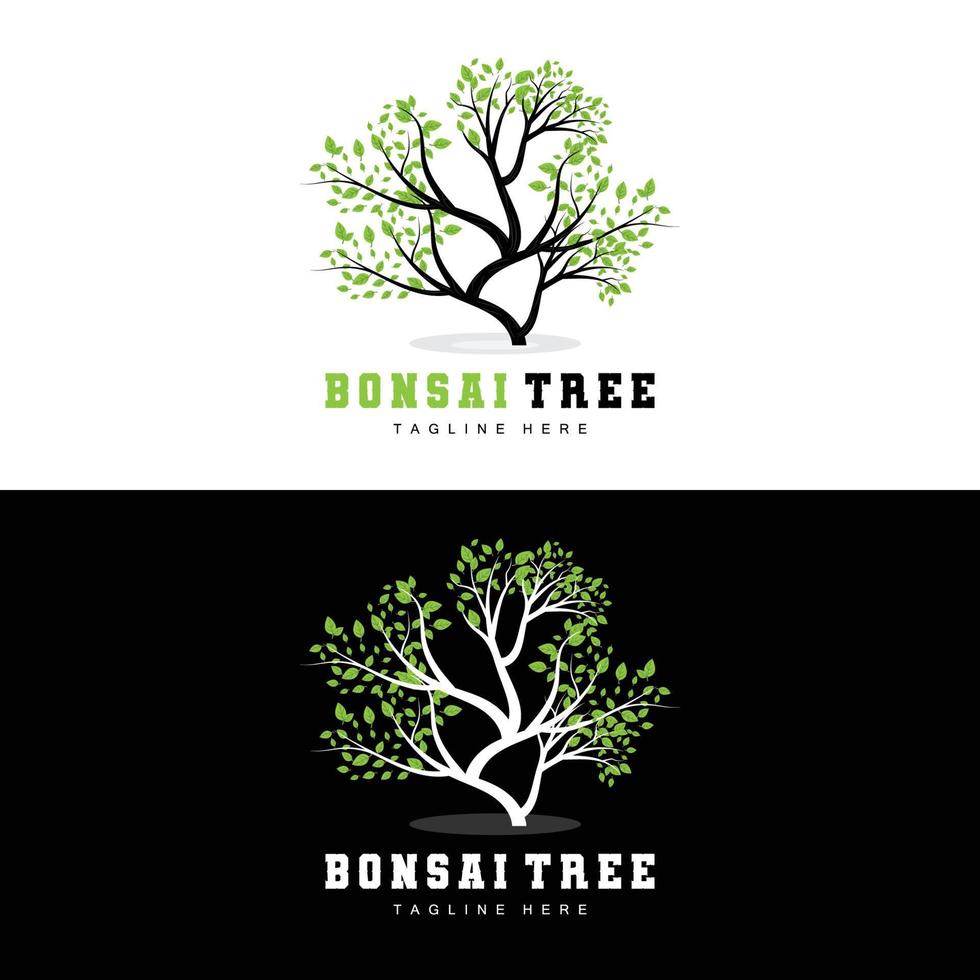 Green Tree Logo Design, Bonsai Tree Logo Illustration, Leaf And Wood Vector