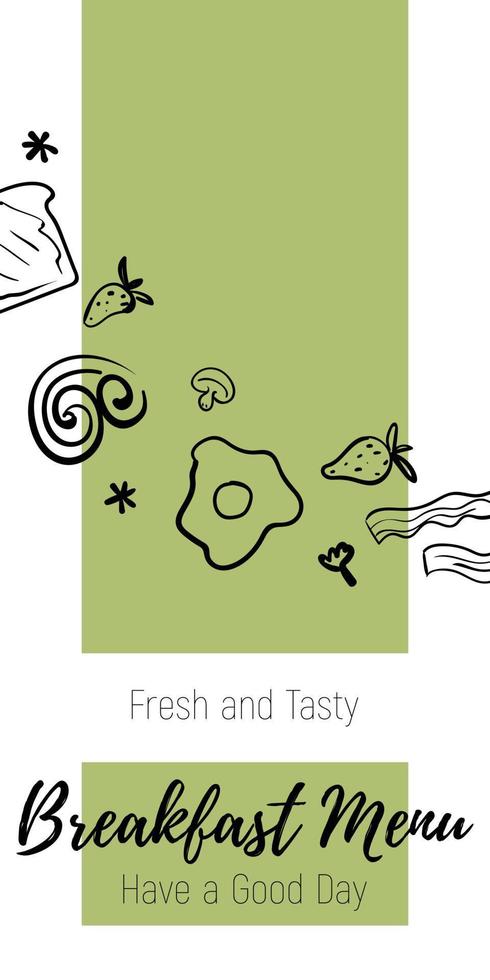Menu covers for cafe and restaurant.  Breakfast menu vertical banner. Black and white line illustration of breakfast food vector