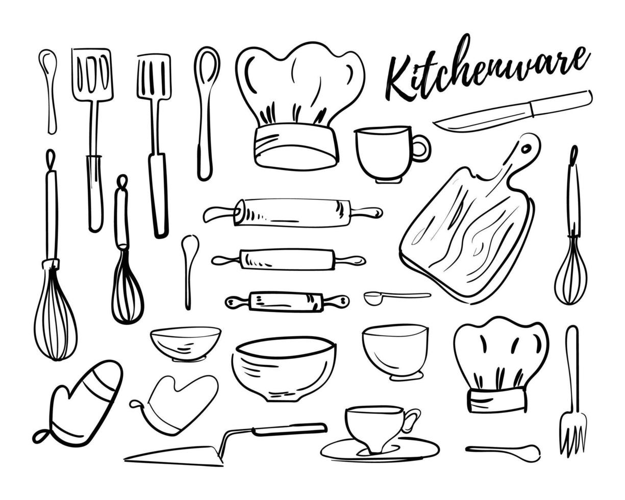 Hand-drawn elements related to cooking, restaurant and cafe theme. Kitchenware vector