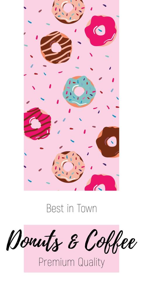 Drawn cute donuts and cups of coffee on a delicious pink background. Perfect for a cafe and pastry shop, bakery shop. vector