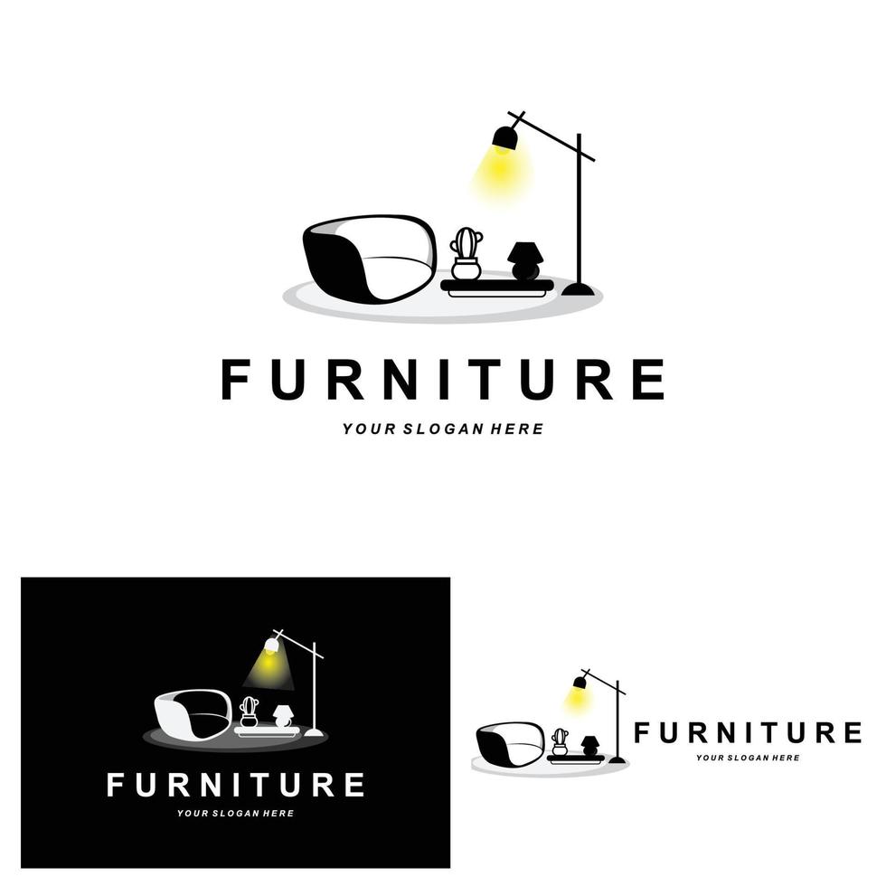 furniture logo, home furnishing design, room icon illustration, table, chair, lamp, frame, clock, flower pot vector