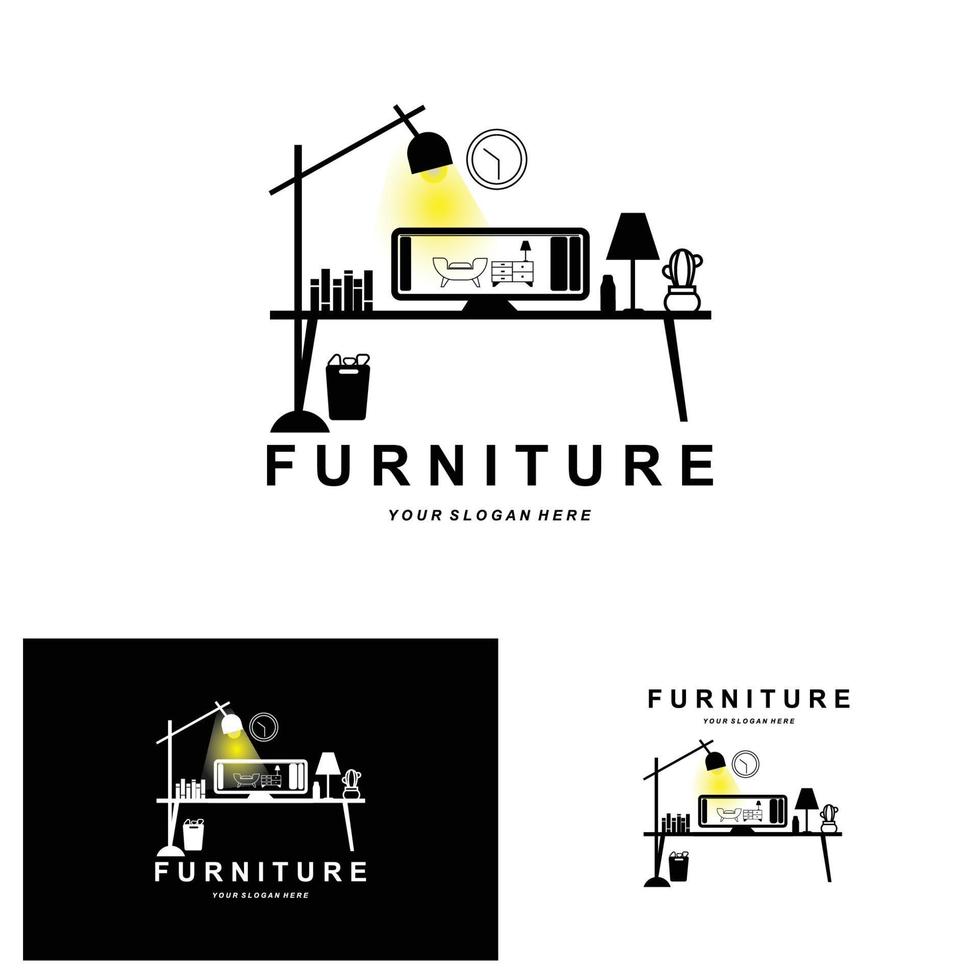 furniture logo, home furnishing design, room icon illustration, table, chair, lamp, frame, clock, flower pot vector