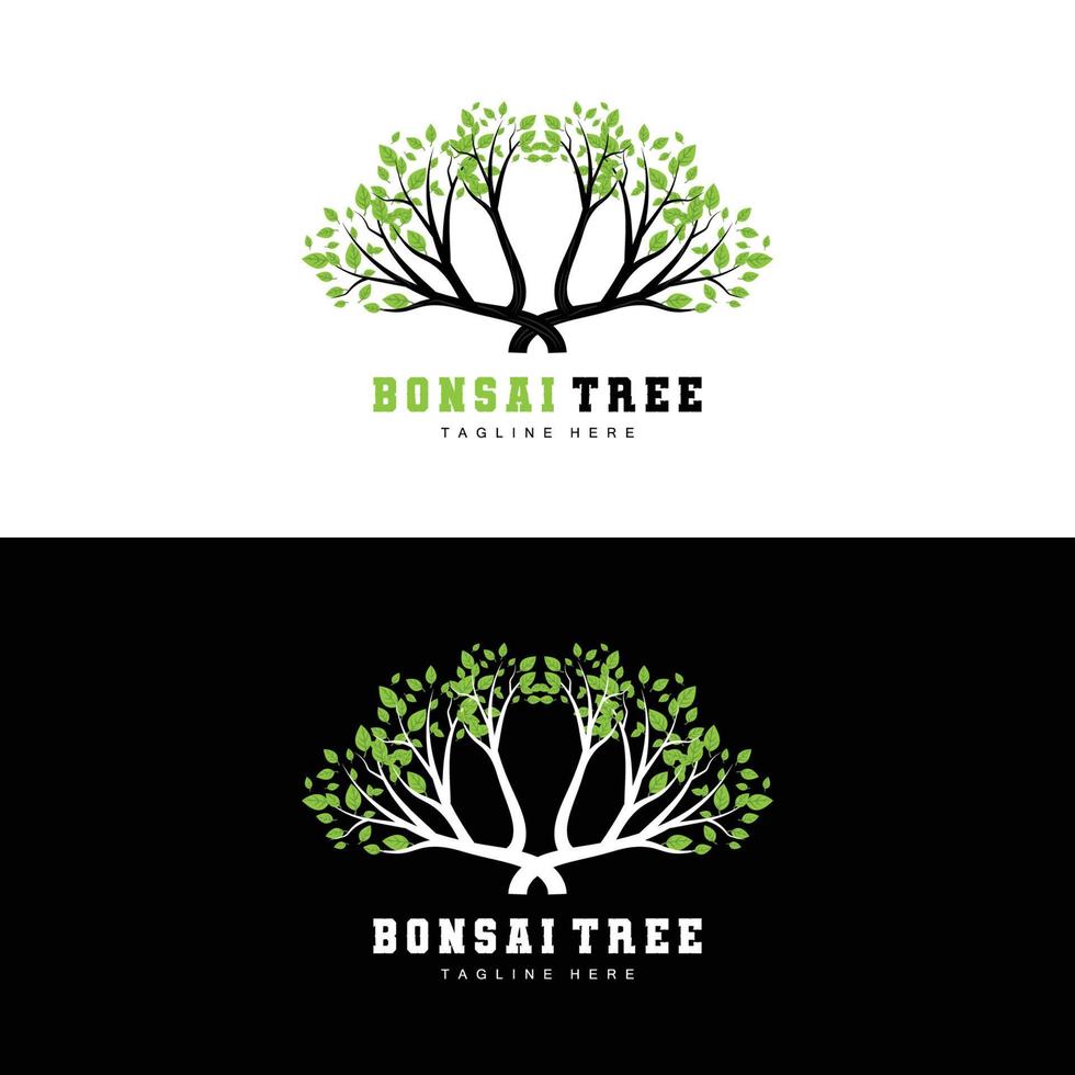Green Tree Logo Design, Bonsai Tree Logo Illustration, Leaf And Wood Vector