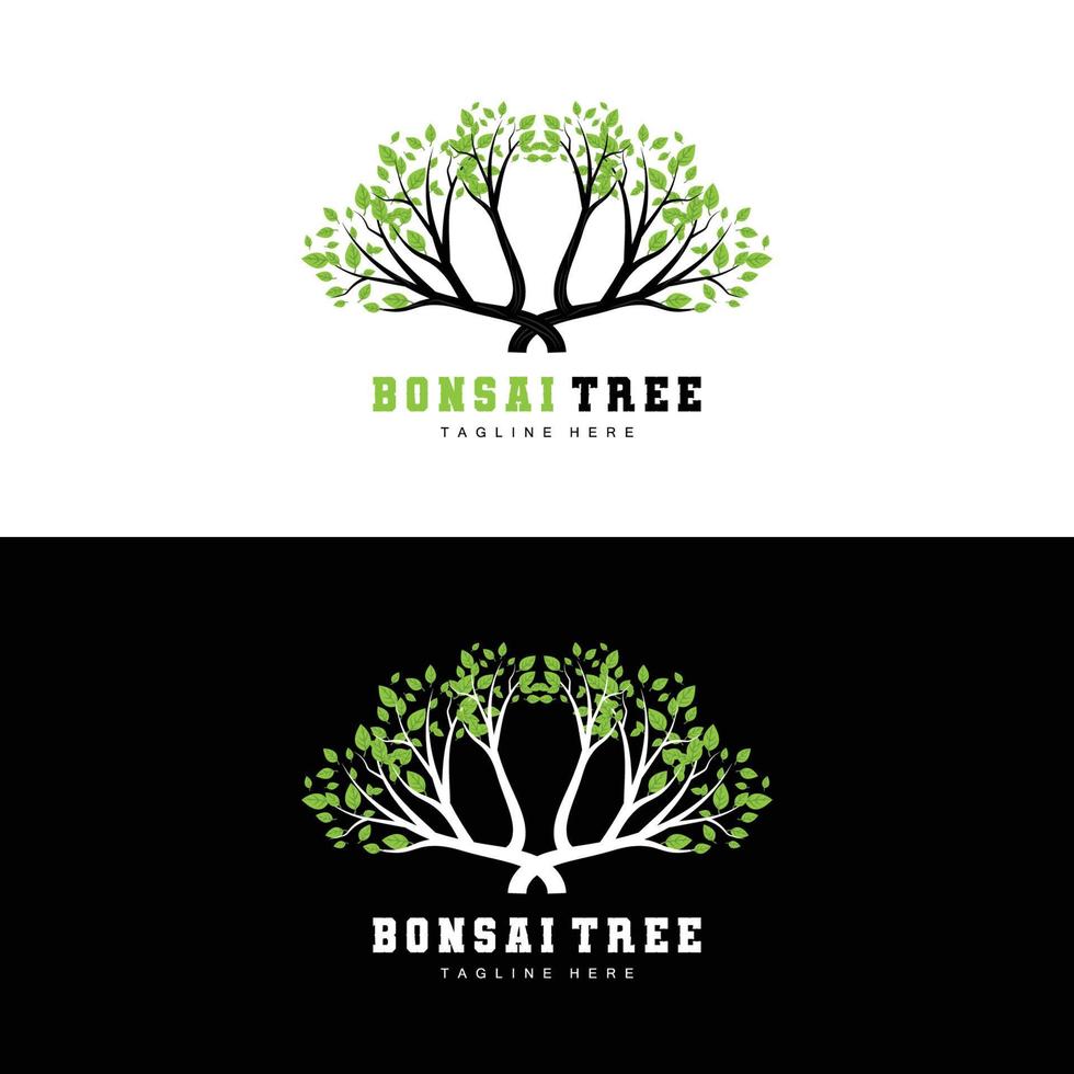 diseño de logotipo de árbol verde, ilustración de logotipo de árbol bonsai, vector de hoja y madera