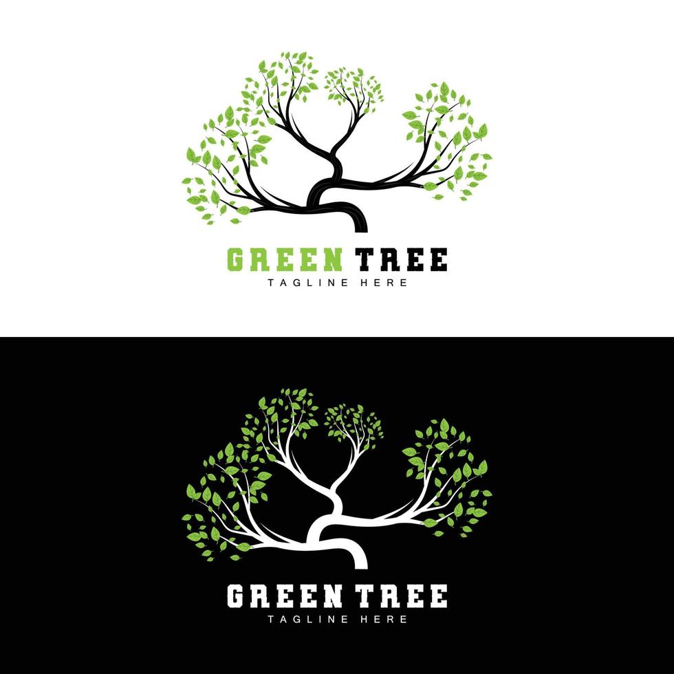 Green Tree Logo Design, Bonsai Tree Logo Illustration, Leaf And Wood Vector