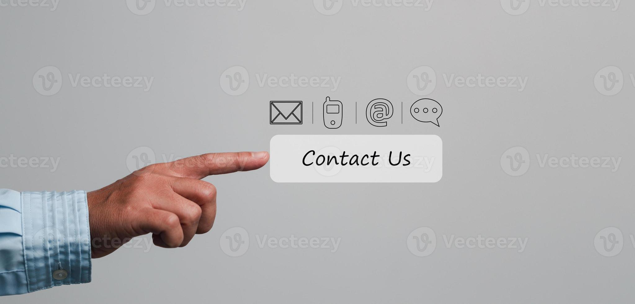 Businesswoman touching on virtual screen contact icons such as email, address, live chat, internet wifi. Contact us or Customer support hotline people connect. Connect with cyberspace. photo