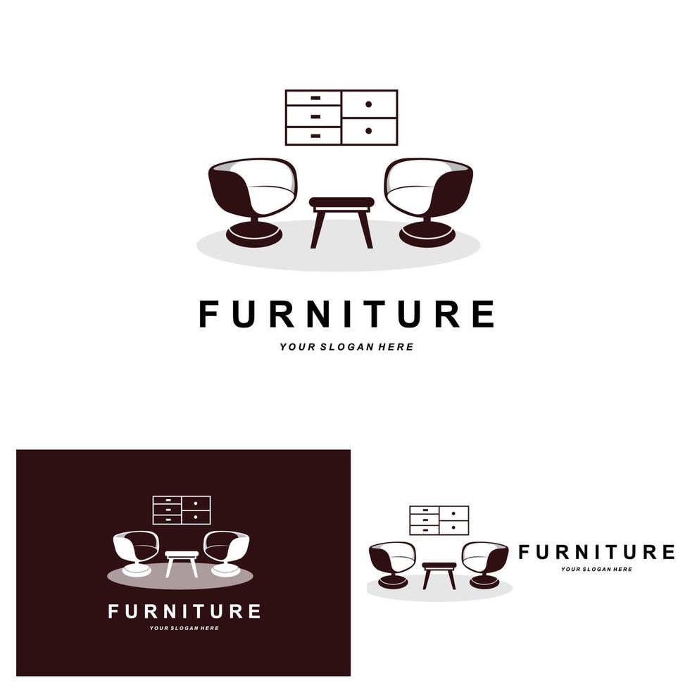 logotipo de muebles, diseño de muebles para el hogar, ilustración del icono de la habitación, mesa, silla, lámpara, marco, reloj, maceta vector