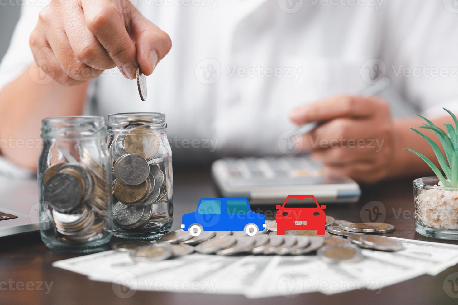 Concept of car insurance business, saving buy - sale with tax and loan for new car. Car toy vehicle with stack coin money on background. Planning to manage transportation finance costs. loan for car photo