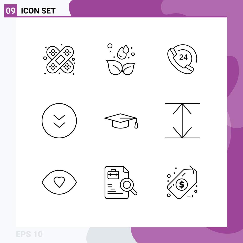 Mobile Interface Outline Set of 9 Pictograms of graduation hat academic communication download circle Editable Vector Design Elements