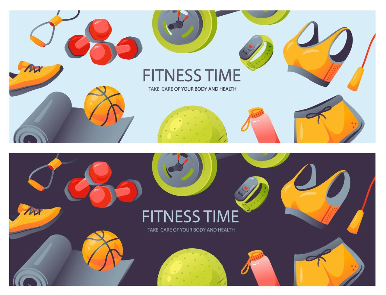 Fitness inventory, gym accessories. Template sale banner for poster, website, advertising. Healthy lifestyle concept. vector