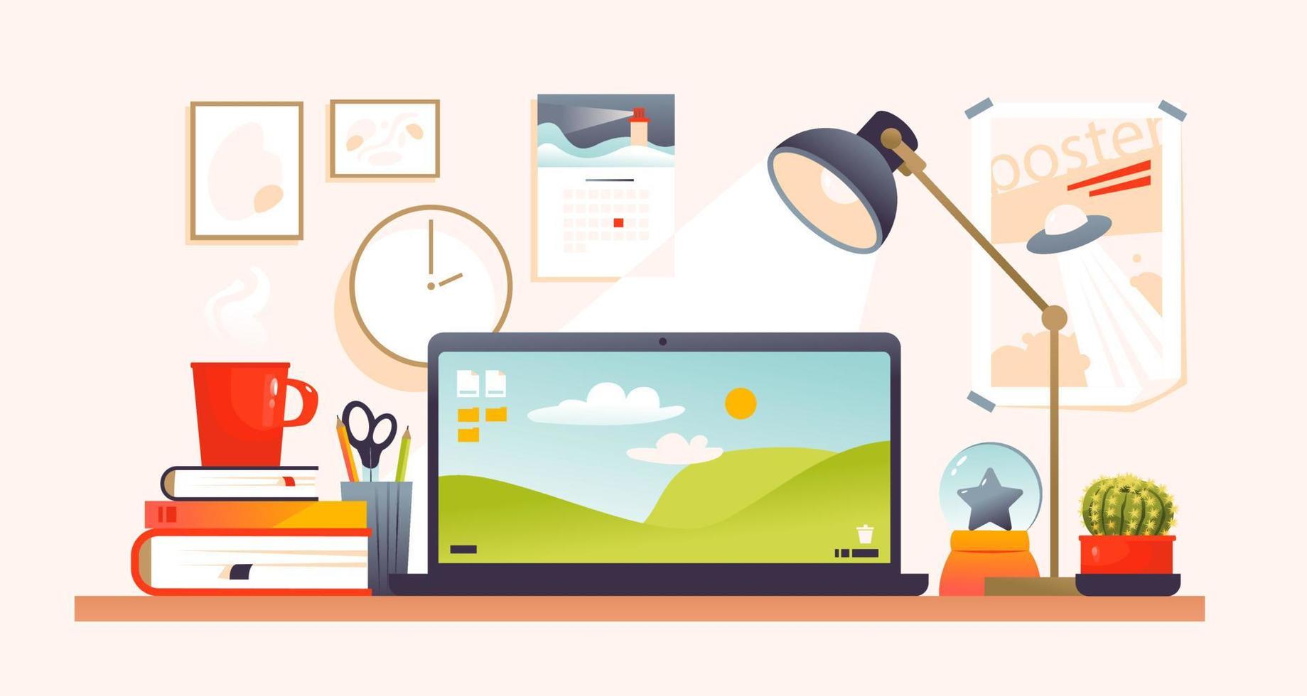A laptop on a table with books around and a lamp. A workspace with a laptop and office supplies. Online education. Home office. Vector illustration