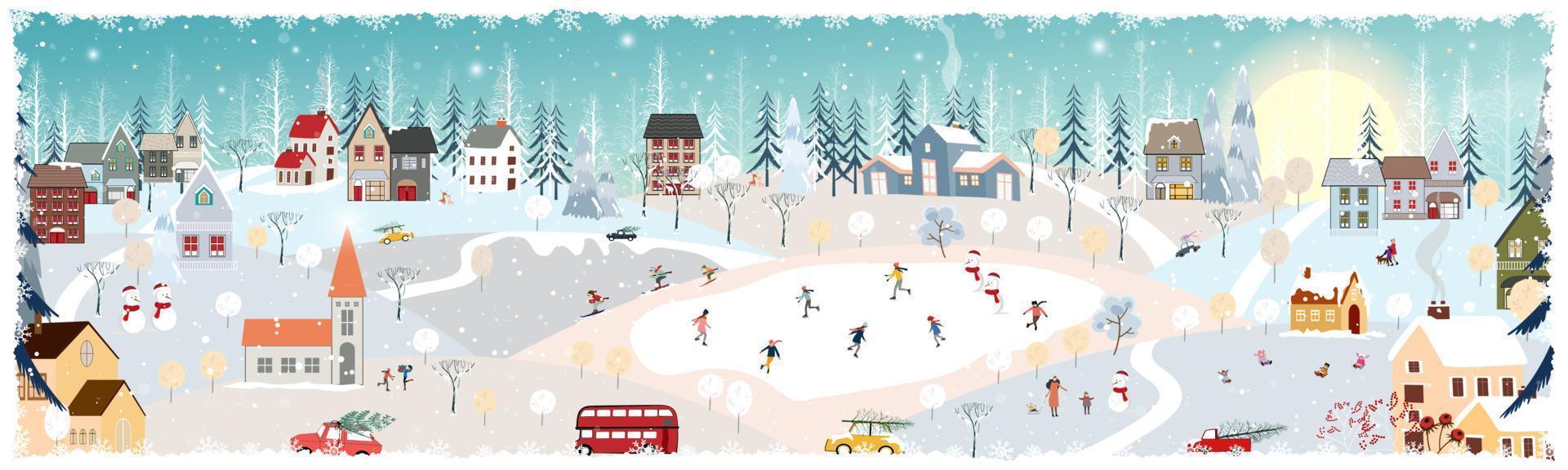 paisaje invernal, celebrando la navidad y el año nuevo en el pueblo por la noche con un feliz oso polar jugando a patinar sobre hielo en el parque, vector de pancarta horizontal del país de las maravillas invernal en el campo