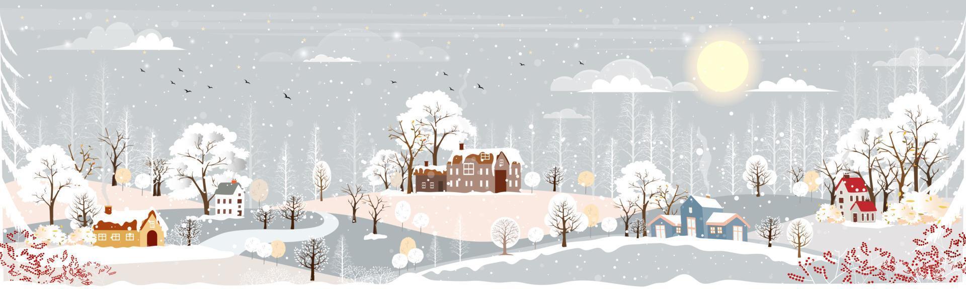 Winter landscape in village at night in countryside background,Vector horizontal banner winter wonderland with house on hills and forest pine tree, Backdrop for Celebrating Christmas and New Year vector