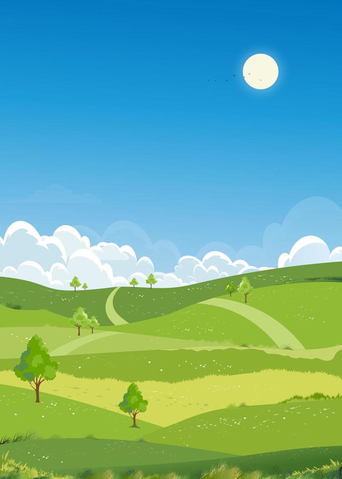 paisaje primaveral campos verdes con fondo de montaña, cielo azul y nubes, naturaleza rural pacífica vertical en primavera con tierra de hierba verde.ilustración vectorial de dibujos animados para la pancarta de primavera y verano vector