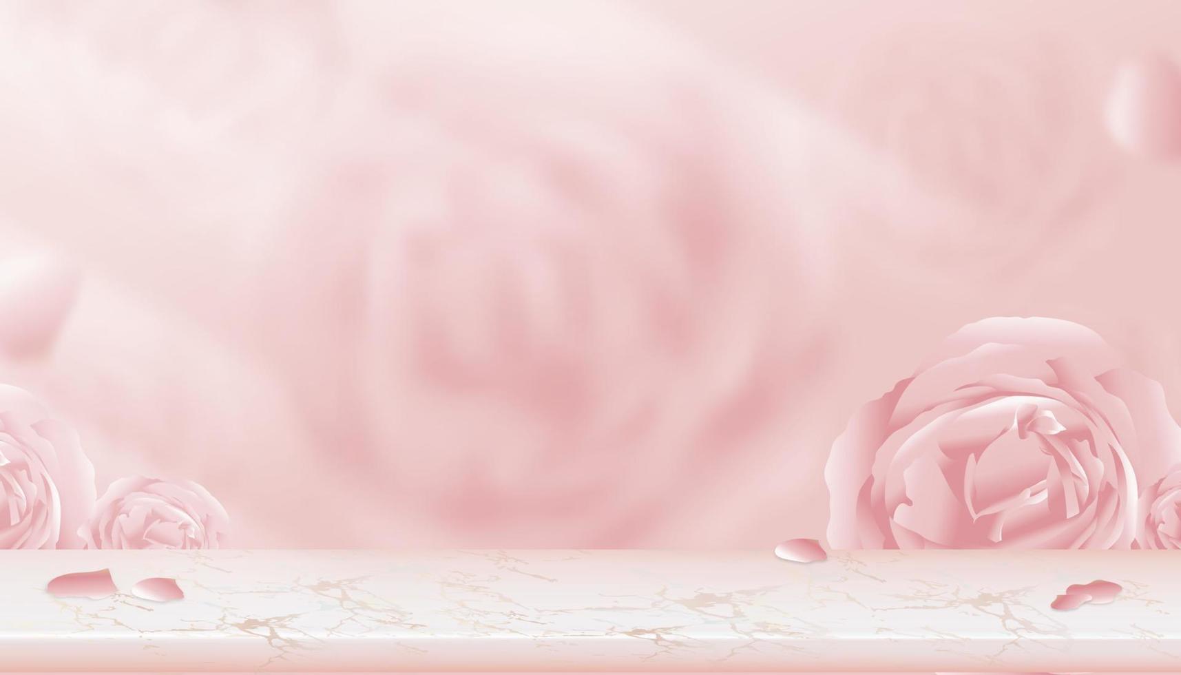 exhibición de pared de estante de mármol rosa con fondo de rosa inglés borroso, escena de estudio vectorial 3d con flor de primavera borrosa, pancarta de fondo pastel rosa dulce para productos de belleza, día de la madre, día de San Valentín vector