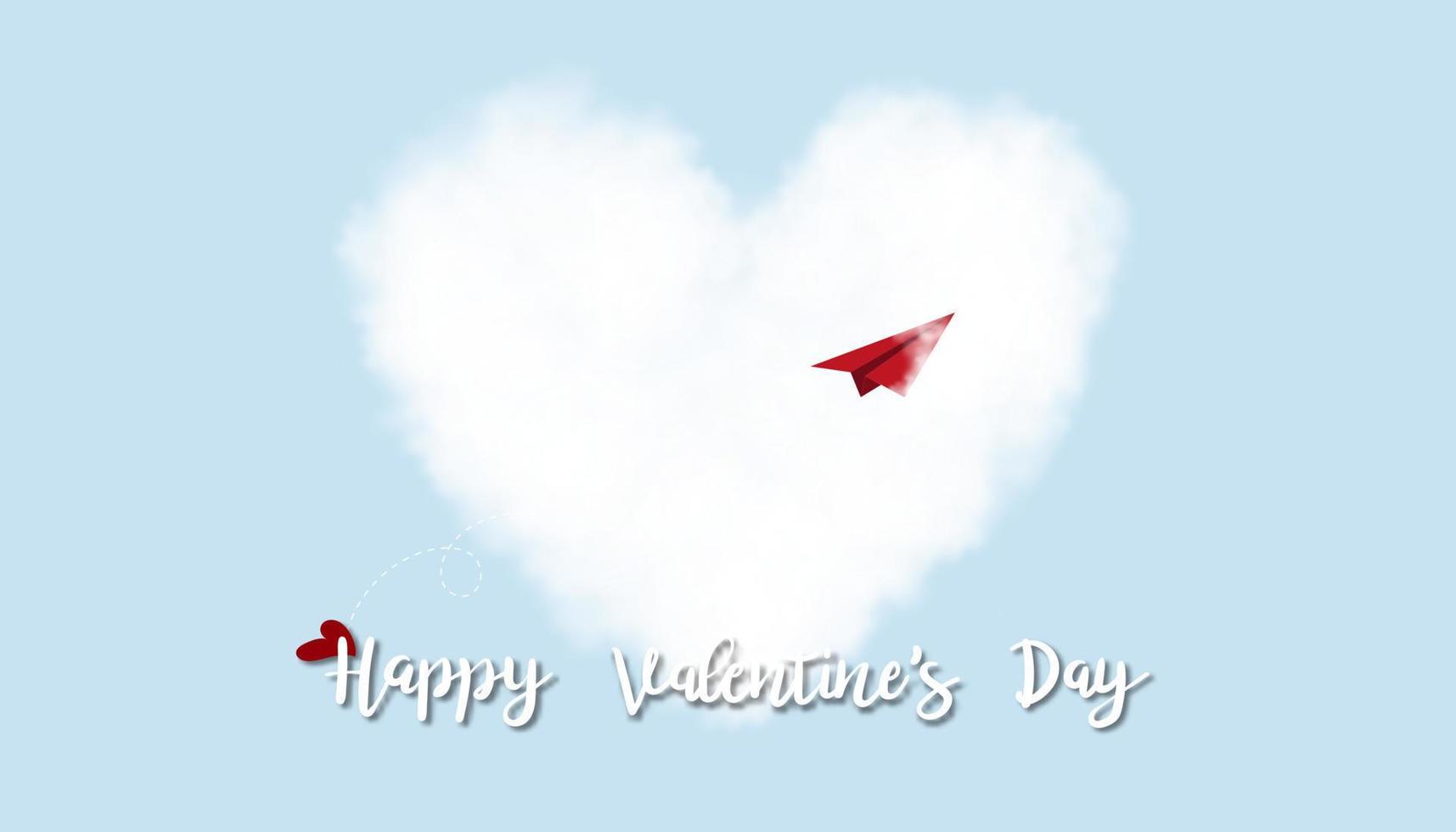 tarjeta de felicitación del día de san valentín con avión de papel rojo volando hasta nubes de corazones blancos sobre fondo de cielo azul, concepto de emoción de amor vectorial 3d con forma de corazón en el cielo para carteles, folleto, pancarta vector