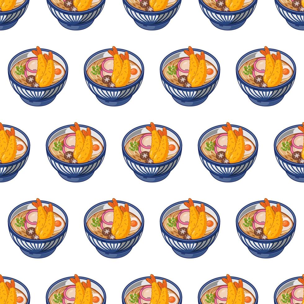 cartoon udon, japanese food seamless pattern on colorful background vector