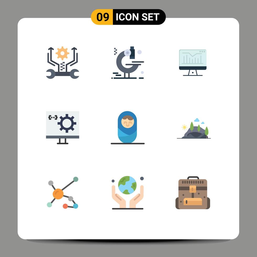 Set of 9 Commercial Flat Colors pack for boy programming static development computer Editable Vector Design Elements
