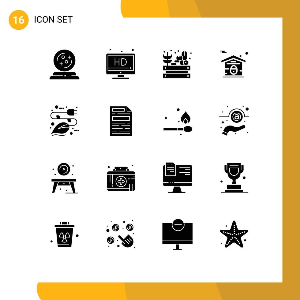 16 User Interface Solid Glyph Pack of modern Signs and Symbols of leaf electricity farming real estate house Editable Vector Design Elements
