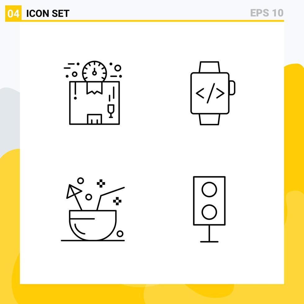 Mobile Interface Line Set of 4 Pictograms of box drink package hand watch summer Editable Vector Design Elements