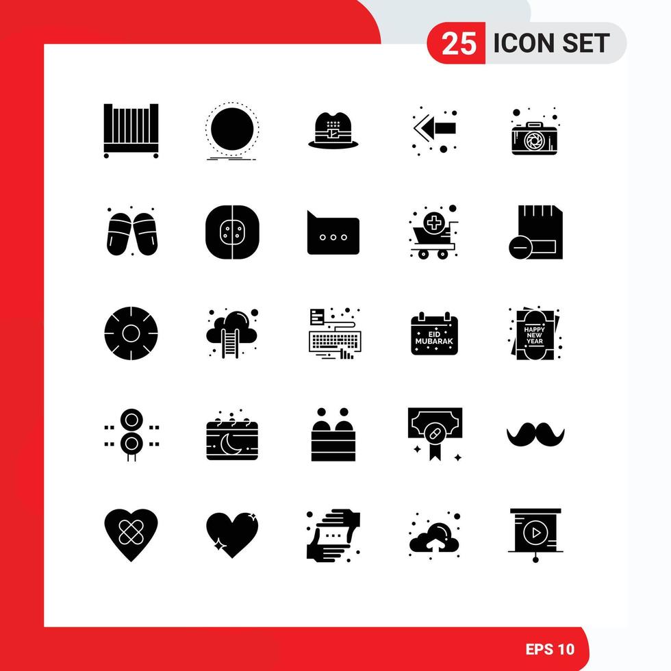 Pack of 25 Modern Solid Glyphs Signs and Symbols for Web Print Media such as sandal camera hat photo back Editable Vector Design Elements
