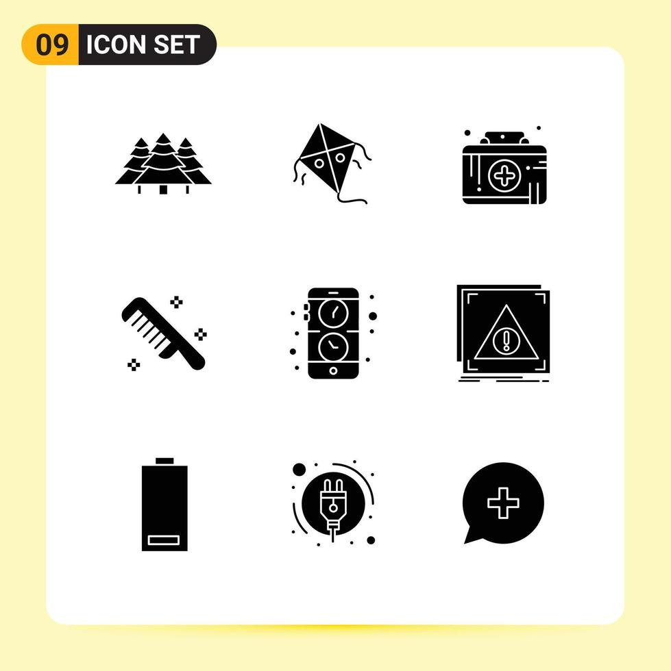 Pack of 9 creative Solid Glyphs of application clean first aid kit cosmetic brush Editable Vector Design Elements
